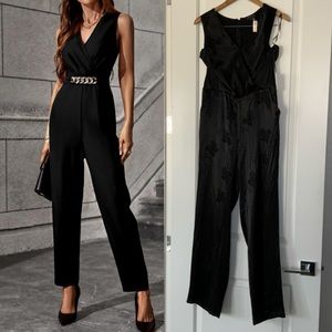 1. State Black Floral Satin Cross Front Tuxedo V Neck Jumpsuit Size 4